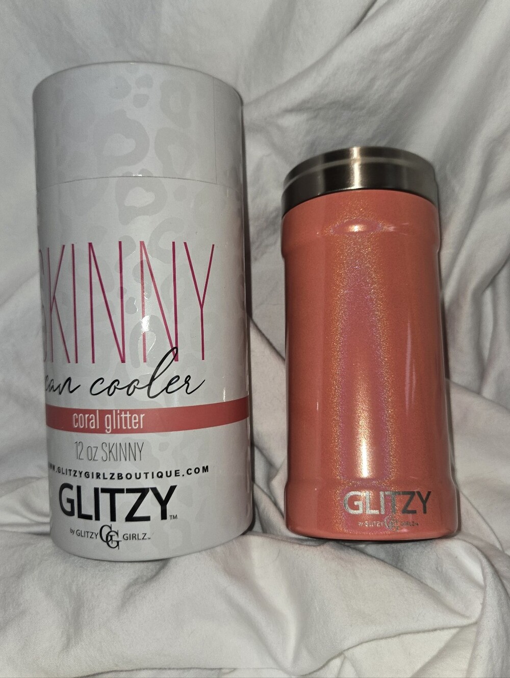 Glitzy Girl Coral Glitter Skinny Can Cooler
